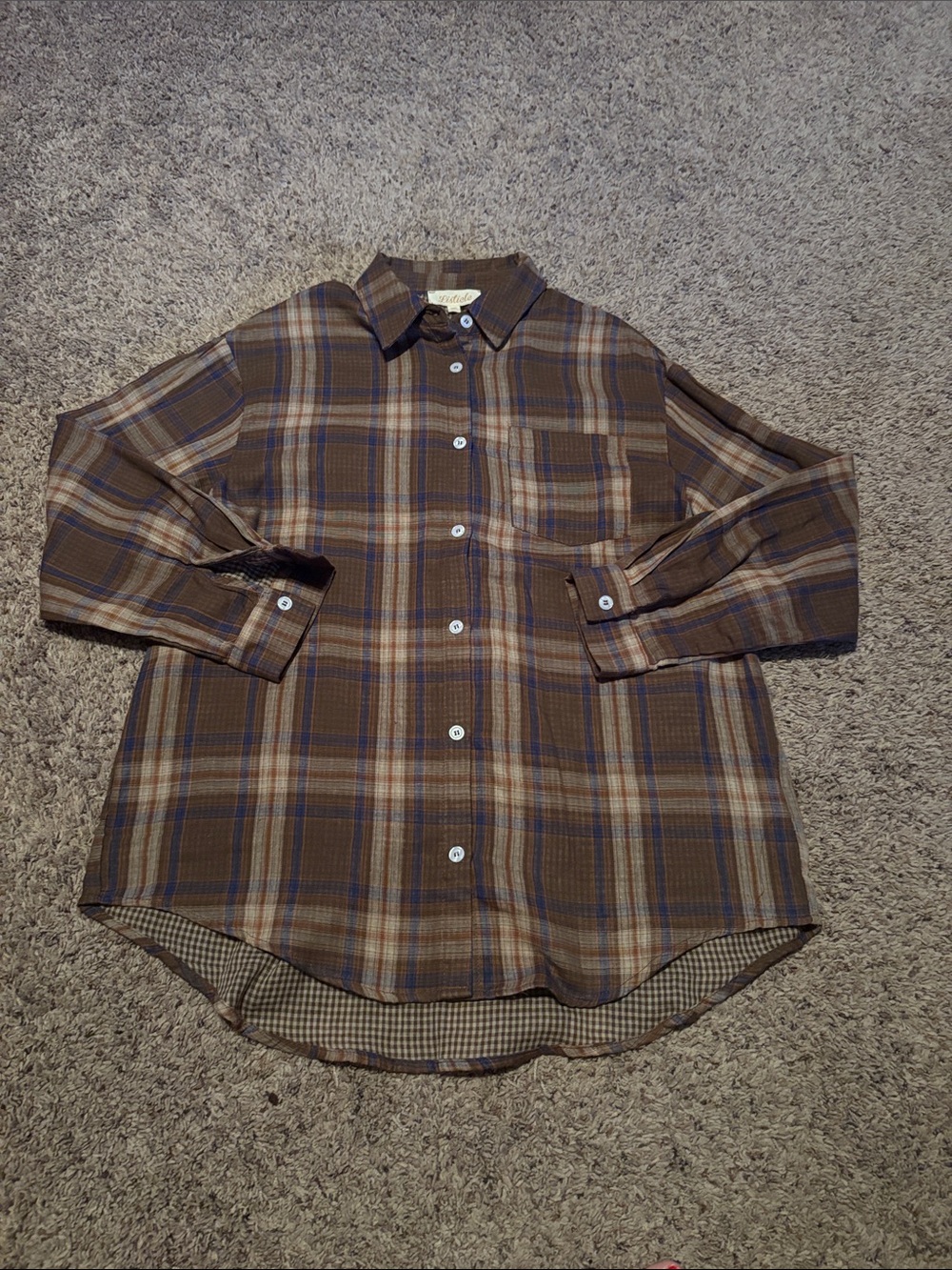 Listicle Brown Plaid Button-Down Shirt with Blue Accents M